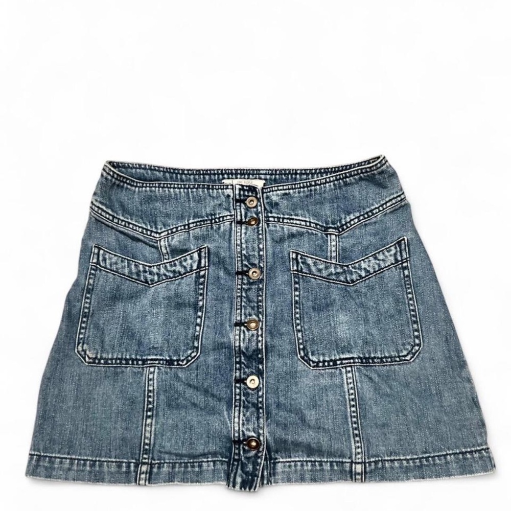 Free People Button-Front Denim Mini Skirt in Washed Blue